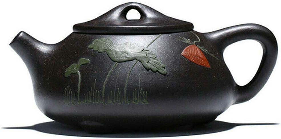 Yxhupot Teapot 8oz Chinese Genuine Black Clay Zisha Shipiao Pot Infusers Loose Tea (embossed flower)