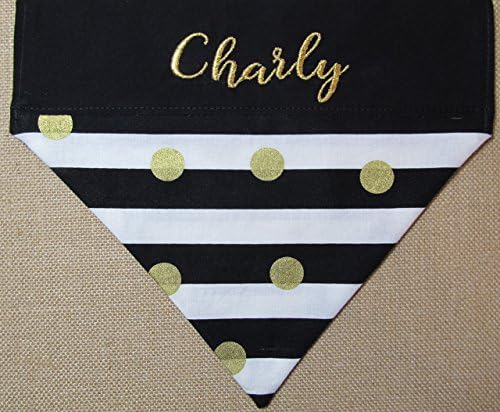 Personalized reversible black and white stripes with gold dots over the collar dog bandana, Gold embroidery thread fashionable pet scarf, Personalized pet bandana, Embroidered cat bandana