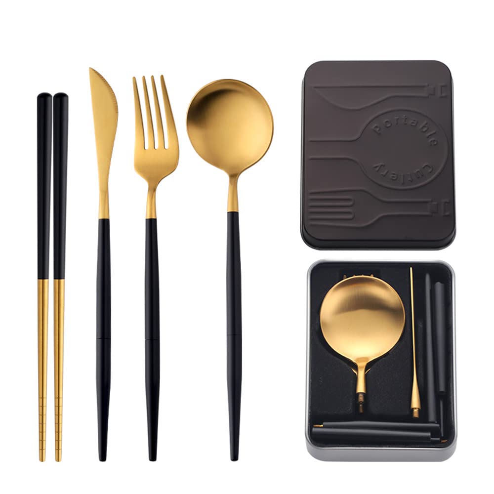 TUPMFG Portable Stainless Steel Cutlery Set with Case, 4 Pcs Reusable Travel Flatware with Chopsticks for Camping, Picnic, Office, Outdoor (Black/Gold)