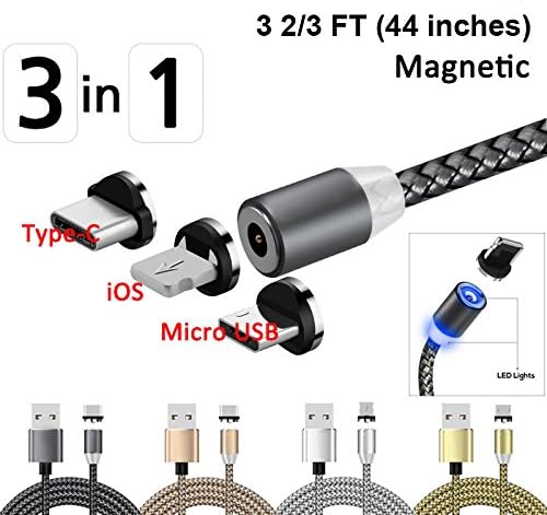 3 in 1 Detachable LED Magnetic Lightning Charging Cable with 360° Connect Round Plugs(3pcs) -Type C/iOS/Micro USB for iPhone iPad Sumsung LG HTC Blackberry Smart Phones - 44 inches (3 2/3 FT) ~ Cafolo