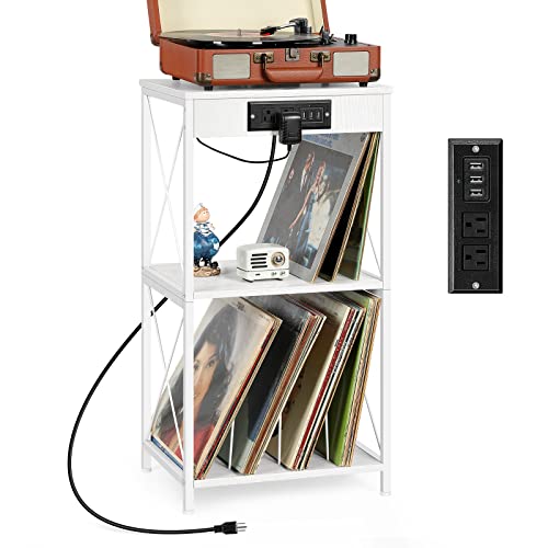 Record Player Stand White Vinyl Record Storage Shelf with Charging