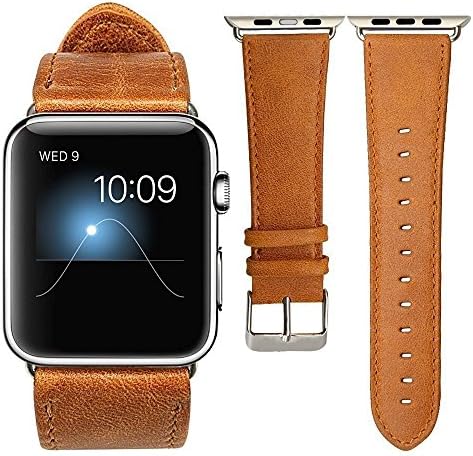 Roll over image to zoom in Apple Watch Band, Genuine Leather Strap Wristband With Free Adapters for Apple Watch/ Sport/ Edition 42mm- iWatch Replacement Band with Metal Clasp in Brown (Brown)