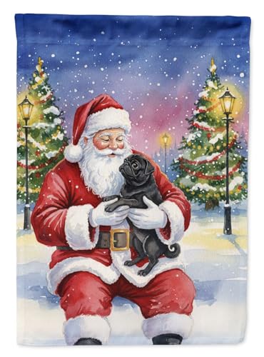 Caroline's Treasures Black Pug with Santa Claus House Flag Large Porch Sleeve P…