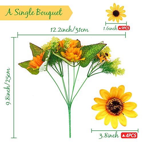 JOHOUSE 5PCS Artificial Sunflower Bouquet, 9.8inch Silk Sunflower Wedding Flower, Home Decoration Wedding Decor