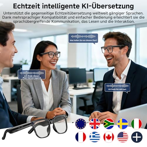AI Smart Glasses, Brille mit 800 W Kamera, 2 Paare Brillengläser, 1080P HD Video und Audiorecording mit Bildstabilisierung, /Bluetooth-Anrufe/AI-Assistent/Echtzeitübersetzung