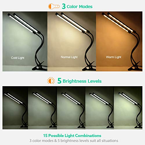 Dual-Head-LED-Reading-Light-DZLight-20W-Dimmable-Clip-on-Light-with-Auto-Off-Timer-3-Lighting-Modes-5-Level-Dimmer-Flexible-Clip-on-Lamp-for-Desk-Bedroom-Office-Adapter-Included
