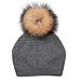 QUEENFUR Women Knit Wool Beanie - Winter Fashion Solid Wool Hats Real Removable Raccoon Fur Pom Pom Warm Ski Beanie (Drak Grey)