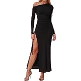 KUTUMAI One Shoulder Long Sleeve Maxi Dress Split Bodycon Ruched Formal Wedding Guest Dresses for Women Fall 2025
