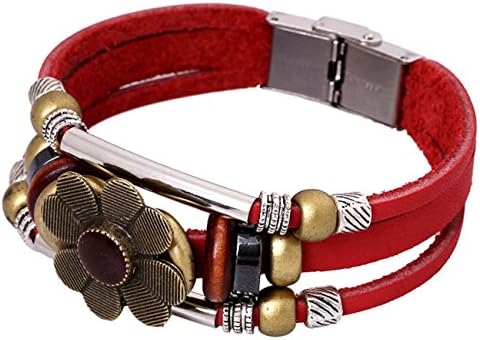 Konalla Vintage Flower Shaped Beaded Leather Wristband Multilayer Bracelet, Red