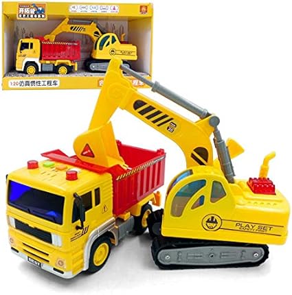 2-in-1 Friction Powered Dump Truck with Excavator 1:20 Toy Construction Truck Vehicles with Lights and Sounds
