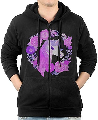 Men Magical Flower Unicorn Zipper Hoodie Sweatshirt Fleece Pullover Hooded Shirts Pocket XL
