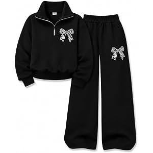 Afsmlys Tween Girls Clothes Long Sleeve BowBow Zip-Up Sweatshirt + Wide Leg Pants 2 Piece Outfit Set, Size 7-16Years