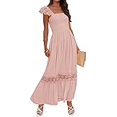 ZESICA Women's 2026 Summer Lace Strap Sleeveless Square Neck Smocked High Waist Ruffle Hollow Out Flowy A Line Maxi Dress