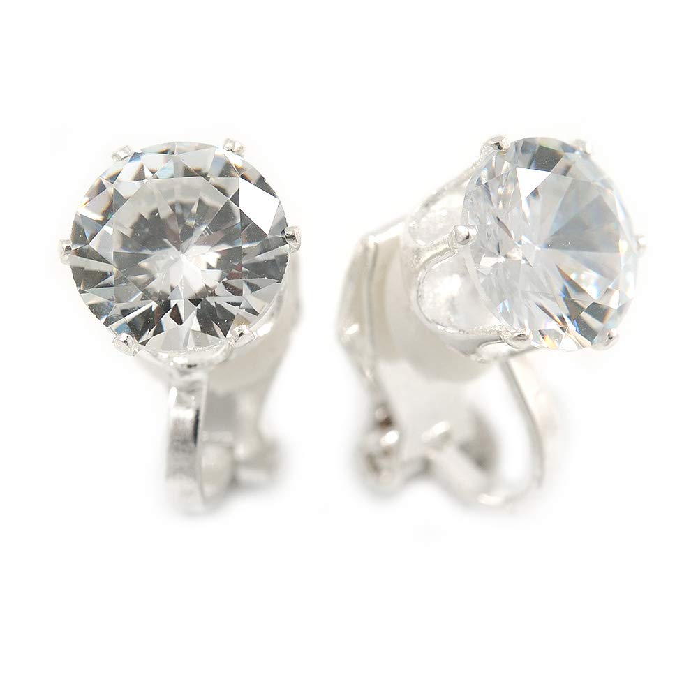 8mm/ Clear Round Cut Cz Clip On Earrings/Silver Tone