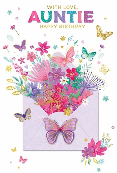 Auntie Birthday Card - Pink Lilac Green Butterflies Flowers Gold Foil 7.75x5.25