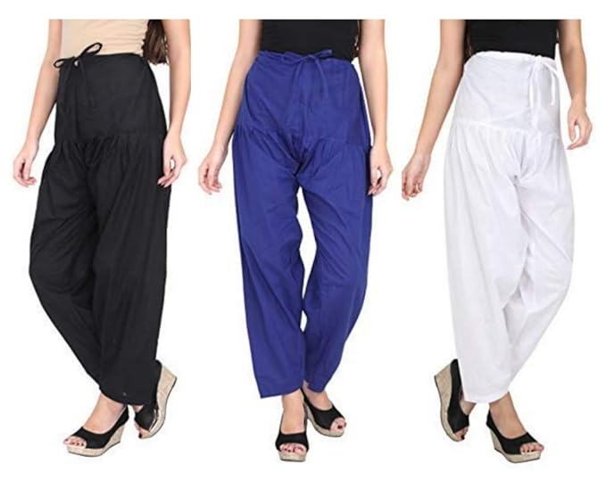 Cotton Patiala Salwar (Pants) For Women Free Size Combo Pack of 2 & 3 (BLACK+BLUE+WHITE, 3)