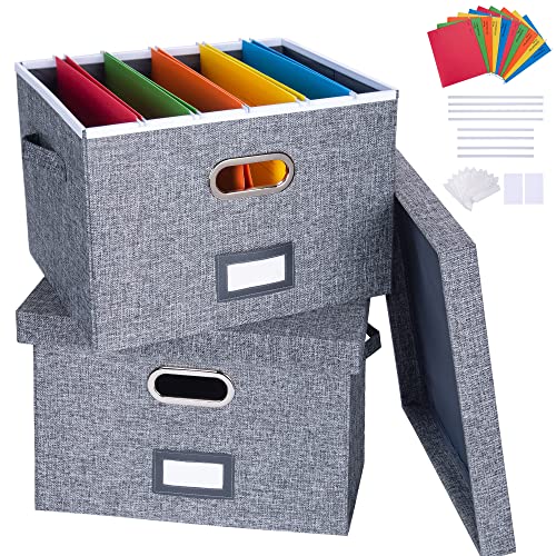 File Organizer Box with Lid 2 Pack Collapsible Decorative Linen