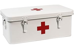 Xbopetda First Aid Medicine Box, First Aid Kit Supplies Bin, Metal Medicine Storage Tin, First Aid Empty Box with Safety Lock for Home Emergency Tool Set-White