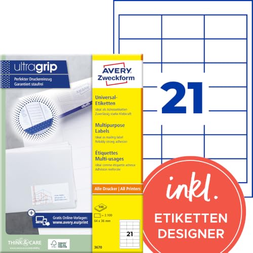 AVERY Zweckform 3670 Adressaufkleber (2.100 Klebeetiketten, 64x36mm auf A4, Papier matt, individuell bedruckbare Absenderetiketten, selbstklebende Adressetiketten mit ultragrip) 100 Blatt, weiss