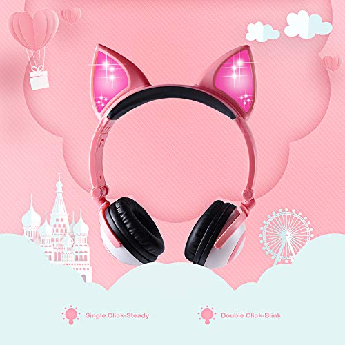 Esonstyle Kids headphones Over Ear with LED Glowing Cat Ears,Safe Wired Kids Headsets 85dB Volume Limited, Food Grade Silicone, 3.5mm Aux Jack, Cat-Inspired Purple Headphones for Girls (pink)