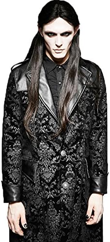 PunkRave Men's Floral Design Gorgeously Trench Coat Leather Patchwork Winter Long Jacket Breasted Overcoat