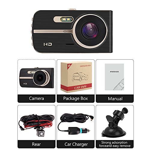 Dual Dash Cam, 4.0 HD IPS Screen, DONGKER FHD 1080P Front Cam + VGA Rear Cam, 290 Wide Angle Motion detector Dash Cam with Sony CMOS chip, HDR, G-Sensor, Parking Monitor, Night Vision