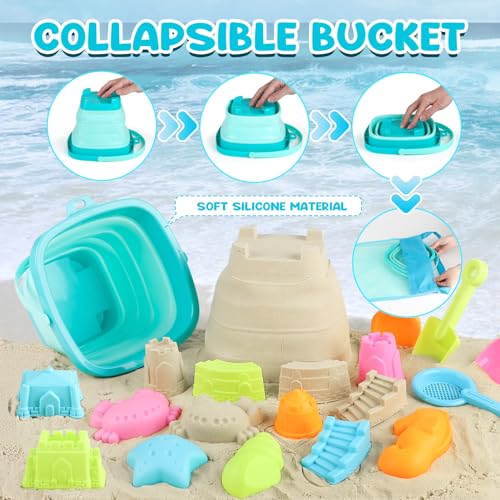 YIMORE Beach Games Children, 28 Pieces Sand Travel Toys with Folding Bucket Children, Sea Games for Children Boys Girls