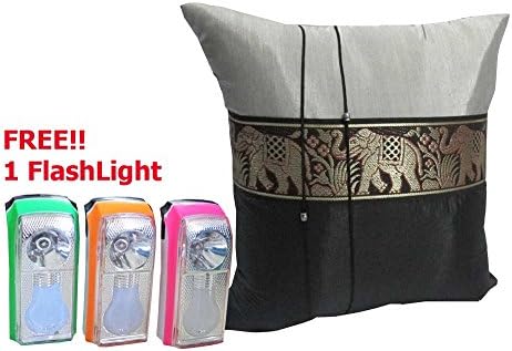 Honest Bee Presents. One Big Elephant Stripe Throw Cushion Cover/Pillow Case Thai Silk for Decorative Sofa, Car and Living Room Size 16 X 16 InchesFREE 1 Flash Light