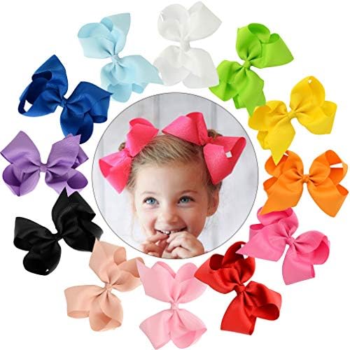 CHLONG 12pcs 6 Inches Pure Color Large Grosgrain Ribbon Hair Bow Clips Set for Baby, Girl, Young (6inch-12pcs)