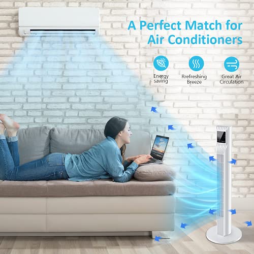 Tower Fan - Oscillating Tower Fan with 3 Speeds & Modes, LED Quiet Fan with Remote Control, 36 Inch Bladeless Tower Fan, 7.5H Timer, Space-Saving Standing Fan, Portable Fan for Bedroom Home Office