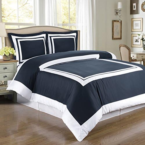 Deluxe Reversible Hotel Comforter Set, 100% Egyptian Cotton 300 Thread Count Bedding, woven with superior single-ply yarn. 3 piece Full / Queen Size Comforter Set, Navy and White