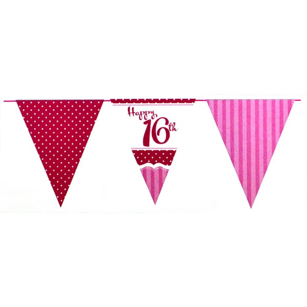 Creative Party 16th Birthday Paper Flag Bunting, 3.7 Metre Length, Perfectly Pink