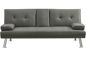ROCKINGRUN Futon Sofa Bed with 2 Cup Holders, Modern Faux Leather Futon Couch Bed with Removable Armrests, Adjustable Tufted Backrest, Futon Couch with 4 Metal Legs for Living Room, Apartment (Grey)
