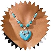 Aneneiceera Boho Turquoise Large Heart Necklace Choker Ethnic Love Heart Pendant Necklace Western Turquoise Beads Strand Necklace Heart Turquoise Necklace Vintage Statement Necklace Chain Jewellery for Women