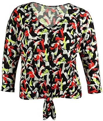 NY Collection Women's Button Front Tie-Up Blouse (Black/Red/Multi, 3X)