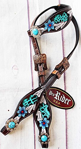 PRORIDER Horse Tack Bridle Western Leather One Ear Headstall Turquoise 80193HA