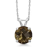 Gem Stone King 14K White Gold Brown Smoky Quartz Pendant Necklace for Women | 1.80 Cttw | Gemstone Birthstone | Round Checkerboard 8MM | With 18 Inch Chain
