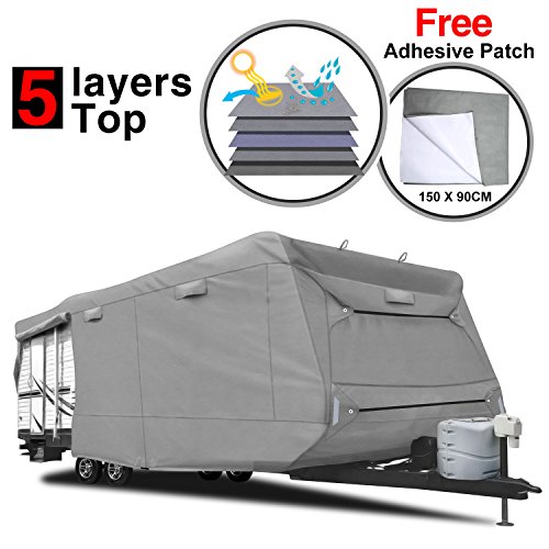 KAKIT 5-ply Travel Trailer RV Cover Breathable All Weather Waterproof Camper Covers For Travel Trailers - 15 PCS Windproof Buckles & Repair Adhesive Patch (25.4"&59"), Fits 28'7" - 31'6" feet (Gray)