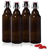 YEBODA 32 oz Amber Glass Beer Bottles for Home Brewing with Flip Caps, Case of 4