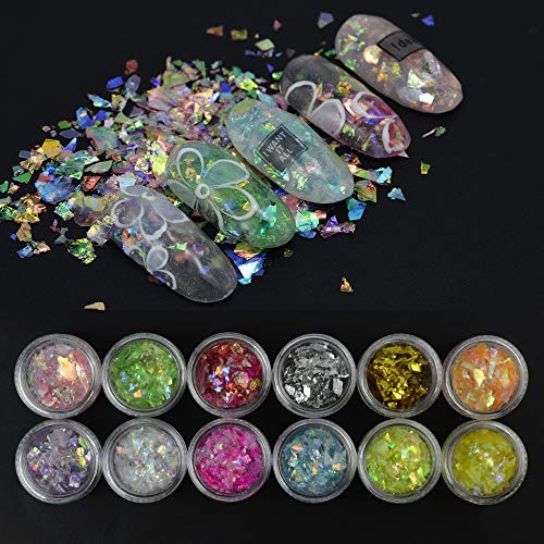 QIMYAR 12 Colors Nail Glitter Ice Mylar Shell Foil Slice Nail Art Decoration Tools (12 color)