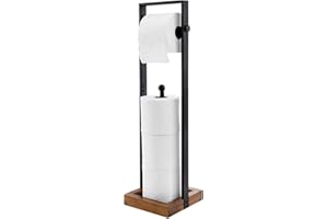 MyGift Industrial Matte Black Metal and Burnt Wood Freestanding Toilet Paper Holder with Reserve Roll Storage – Bathroom Floo