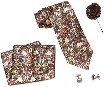 COCO CHANEL Men's Silk Summer Stain Resistant Necktie with Lapel Pin Cufflinks Set (Brown)
