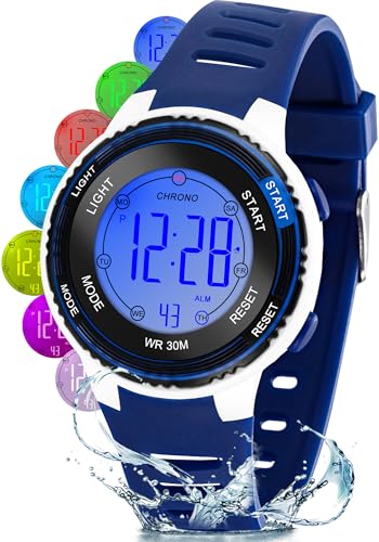 DTKID Digital Kids Watch 30 M Waterproof, 7 Color Lights Time Teaching Watch Easy to Read for Girls Boys 5-16