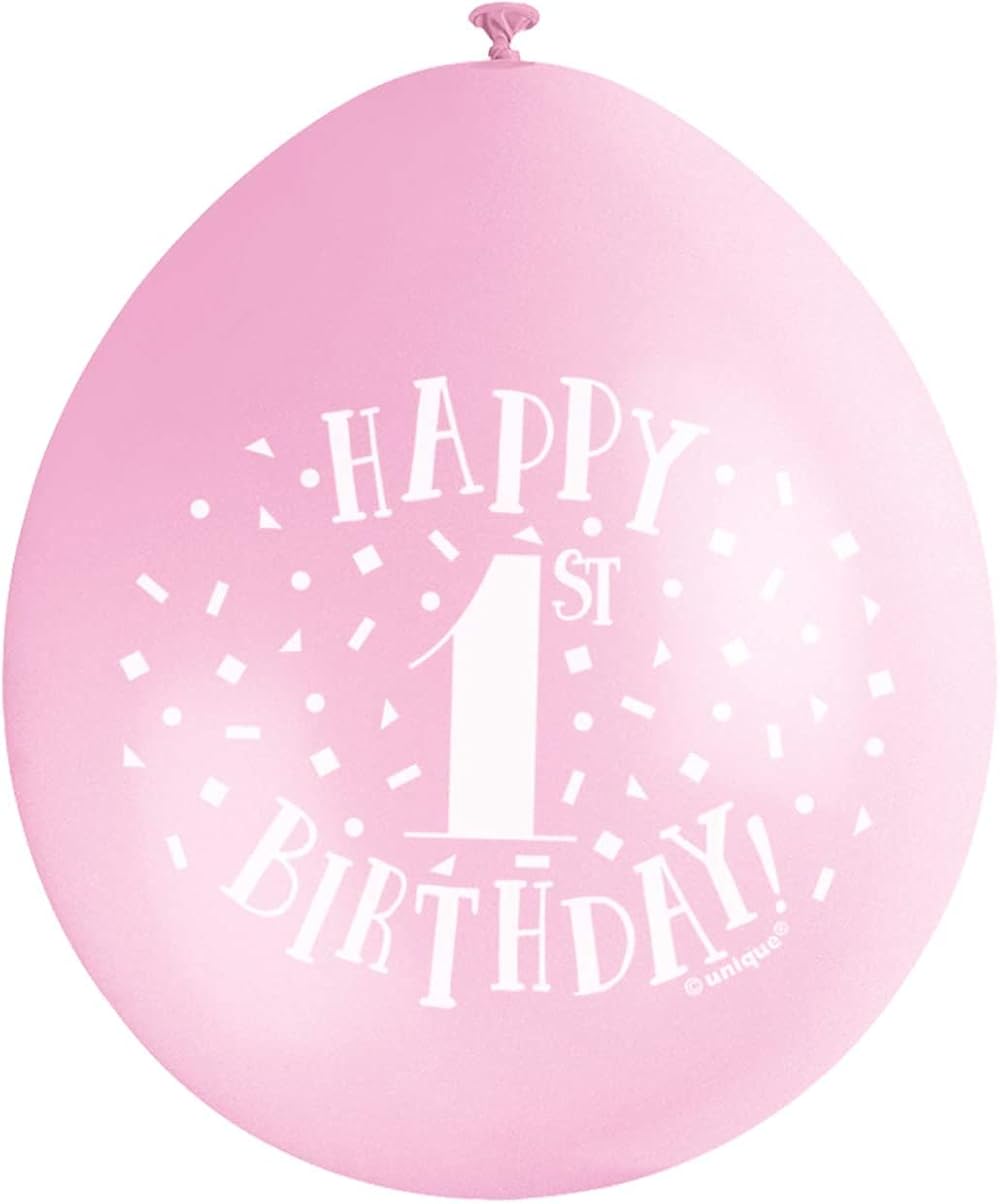 Unique Happy 1st Birthday Balloons Pack of 10 Pink & White Latex 22cm