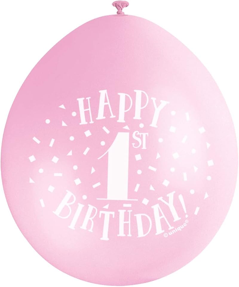 Unique Happy 1st Birthday Balloons Pack of 10 Pink & White Latex 22cm