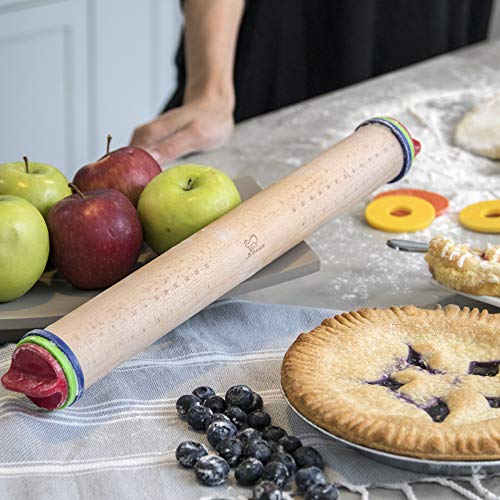 K BASIX Beech Wood Adjustable Rolling Pin with Multicolored Removable Rings Classic for Baking Dough Pizza Pie and Cookies