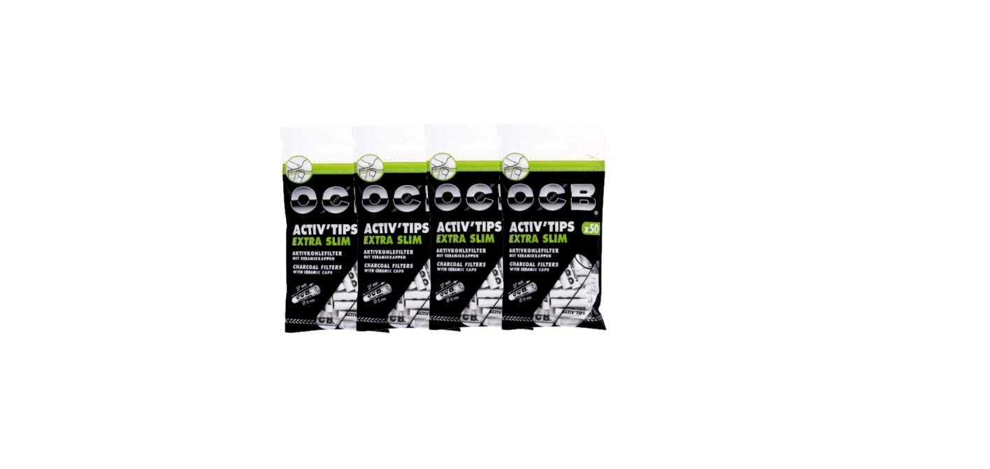 OCB 18577 ActivTips Extra Slim 6 mm Activated Carbon Filter with Ceramic Caps, 4 Bags of 50 = 200 Filters, Paper