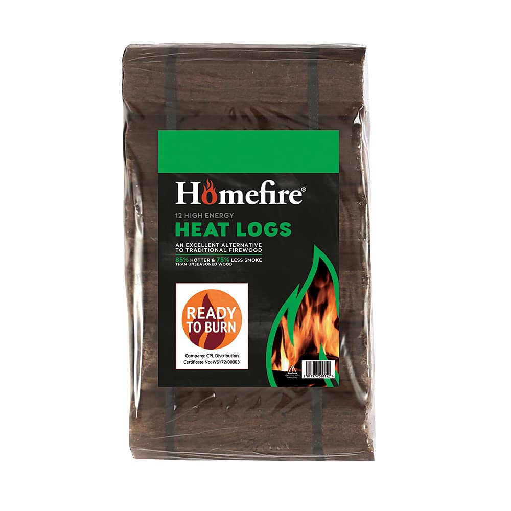 Homefire 100% Recycled Wood Heatlogs, 12 high-energy, ultra-dry logs, Suitable for wood burners, multi-fuel stoves, open fires, chimeneas