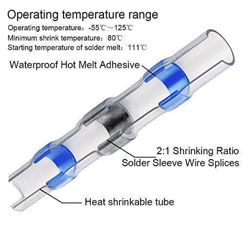 200pcs Solder Seal Wire Connector, Solder Seal Heat Shrink Butt Connectors Terminals Electrical Waterproof Insulated Marine Automotive Copper(50White 80Red 60Blue 10Yellow)