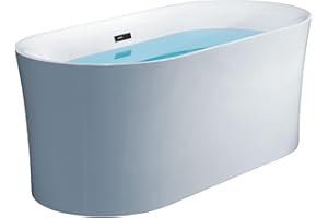 WOODBRIDGE 59" Acrylic Freestanding Bathtub Contemporary Soaking Tub with Matte Black Overflow and Drain, White Tub